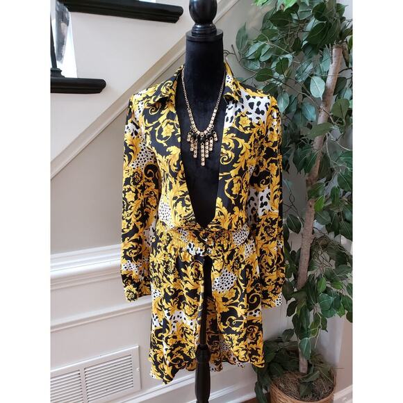 Ashley Stewart Fit & Flare Dress Women 14/16 Black Yellow Floral V Neck Smocked - Picture 1 of 13